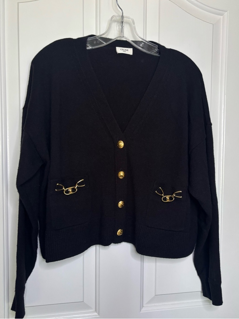 EUC Celine Black Cashmere Cardigan w Gold Buttons & Decorative Hardware size M